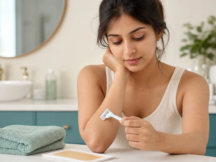 Woman holding a razor while considering frequent hair removal